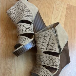 Tan Peep-Toe Wedge Booties with Laser-Cut Design